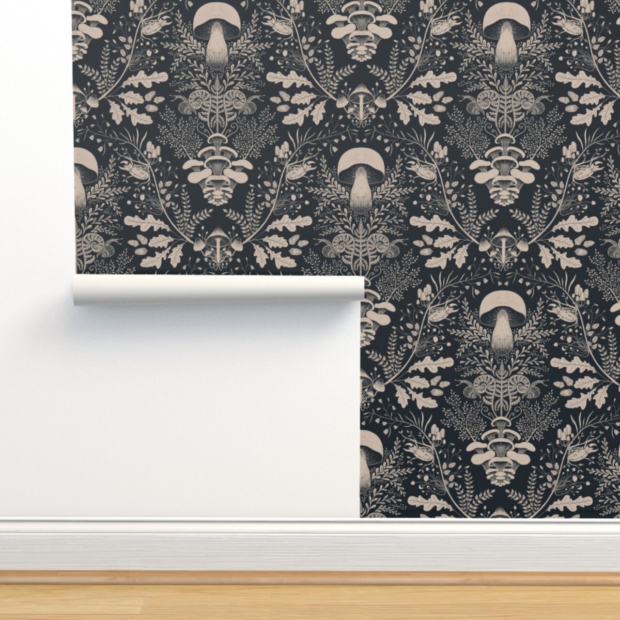 Mushroom Damask Floral Forest Snail Ferns Acorn Beetles Leaves Oak Porcini Outdoors Nature Custom Pre-pasted Wallpaper by Spoonflower Pre-Pasted Wallpaper 2FT Wide